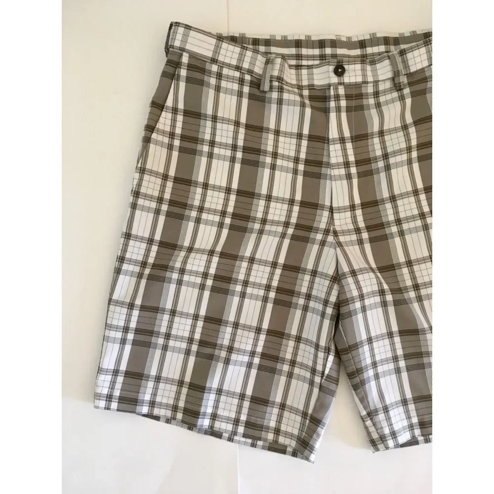 Haggar Golf Performance Shorts Mens 36 Brown White Plaid Expandable Waist